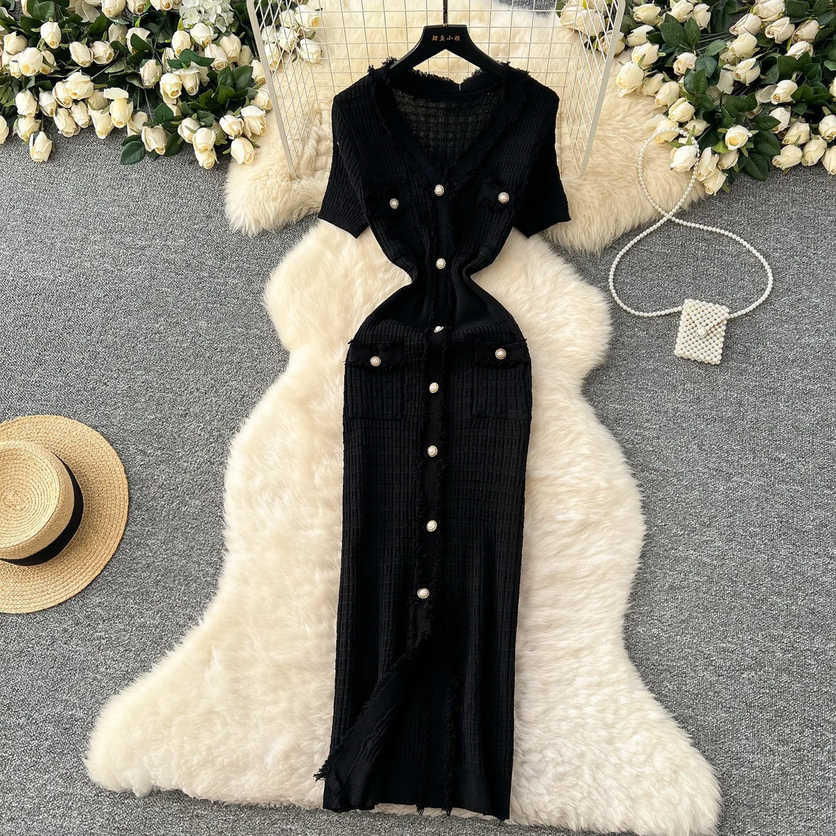 Pearl Button V-Neck Knit Bodycon Maxi Dress