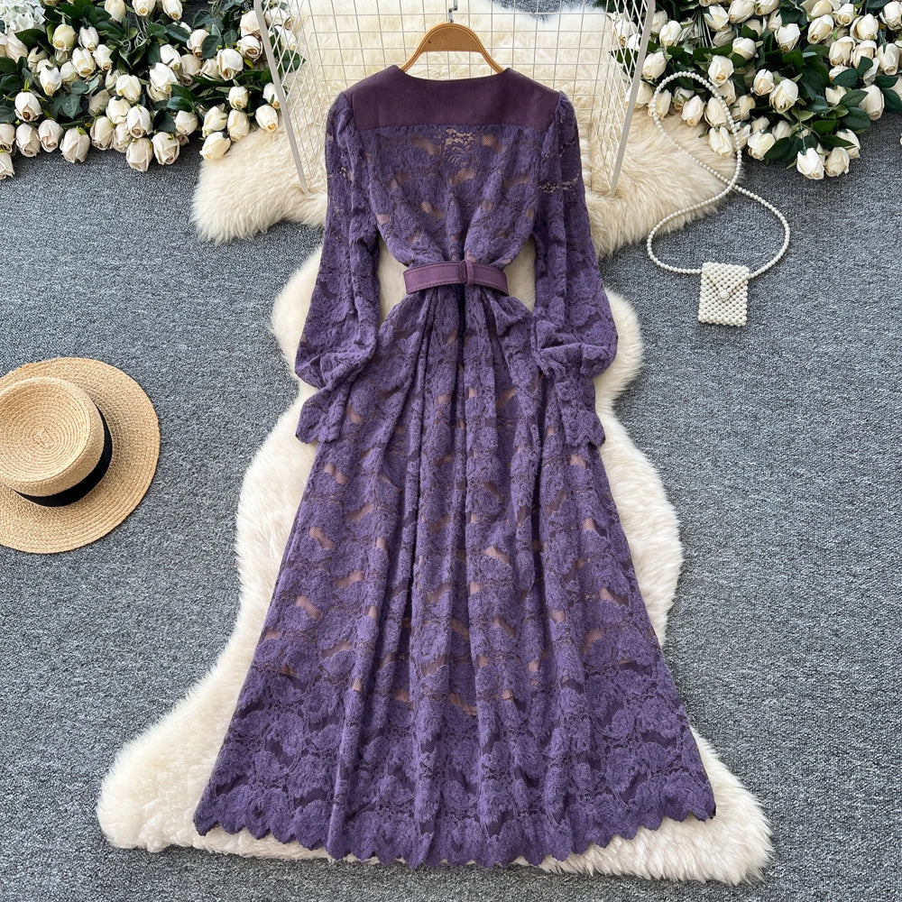 Lace Mesh V-Neck A-Line Dress