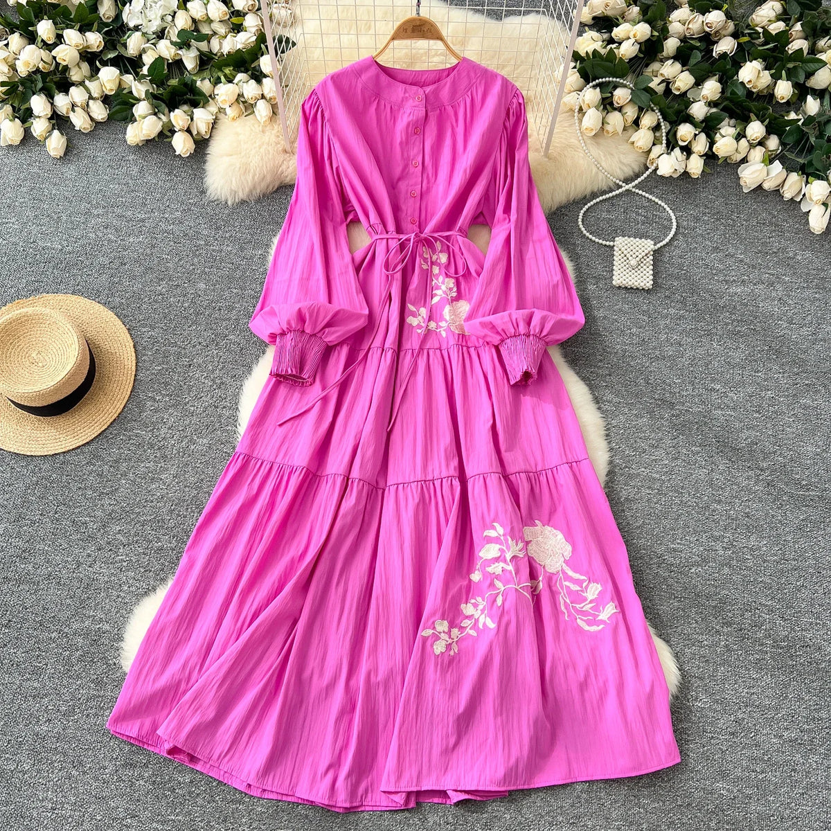 Rose Embroidered Long Sleeve Dress