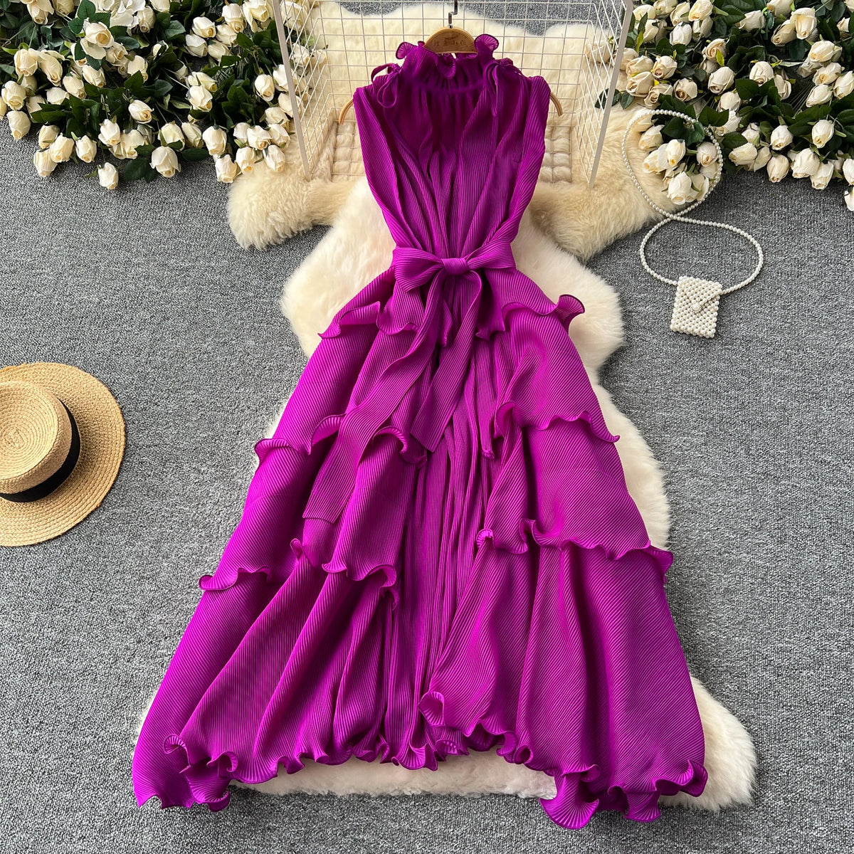 Ruffle Trim Stand Collar Chiffon Long Dress