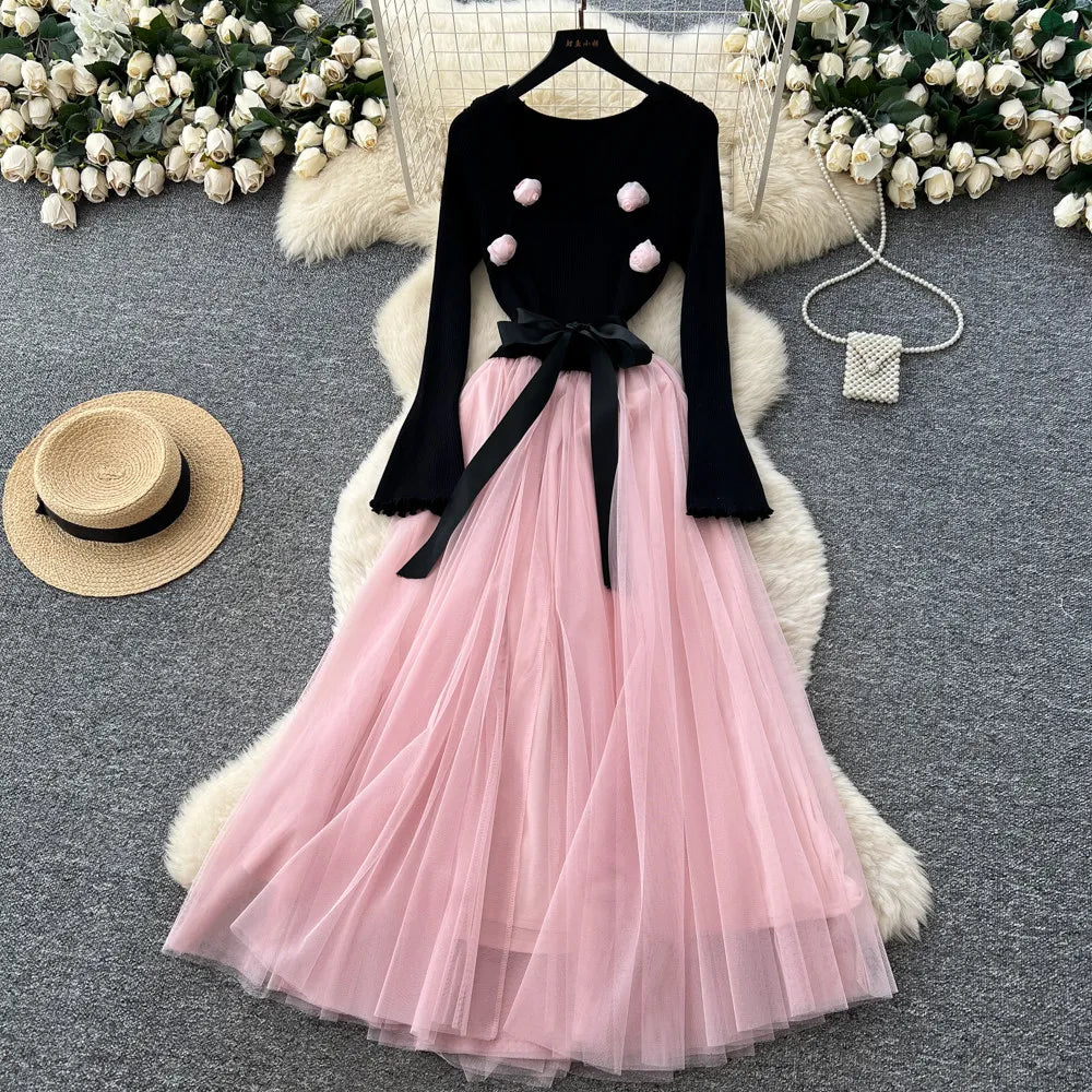 3D Floral Knit Mesh Square Neck Gown