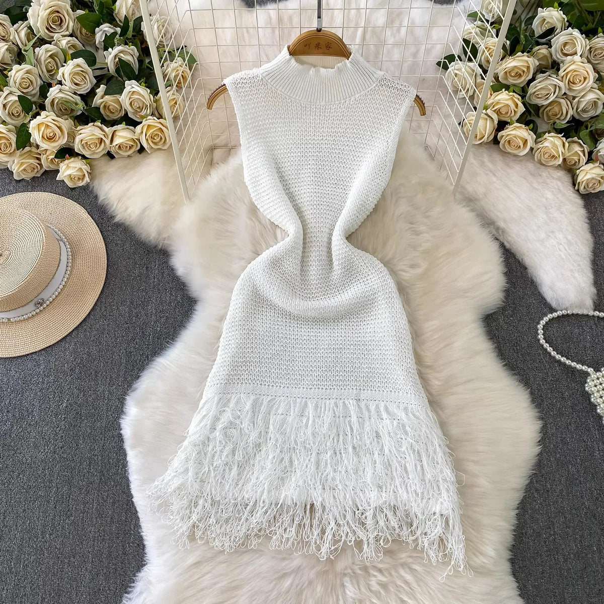 Turtleneck Tassel Bodycon Mini Dress