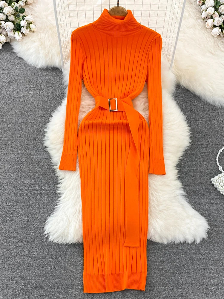 Belted Ribbed Turtleneck Knit Maxi Dress
