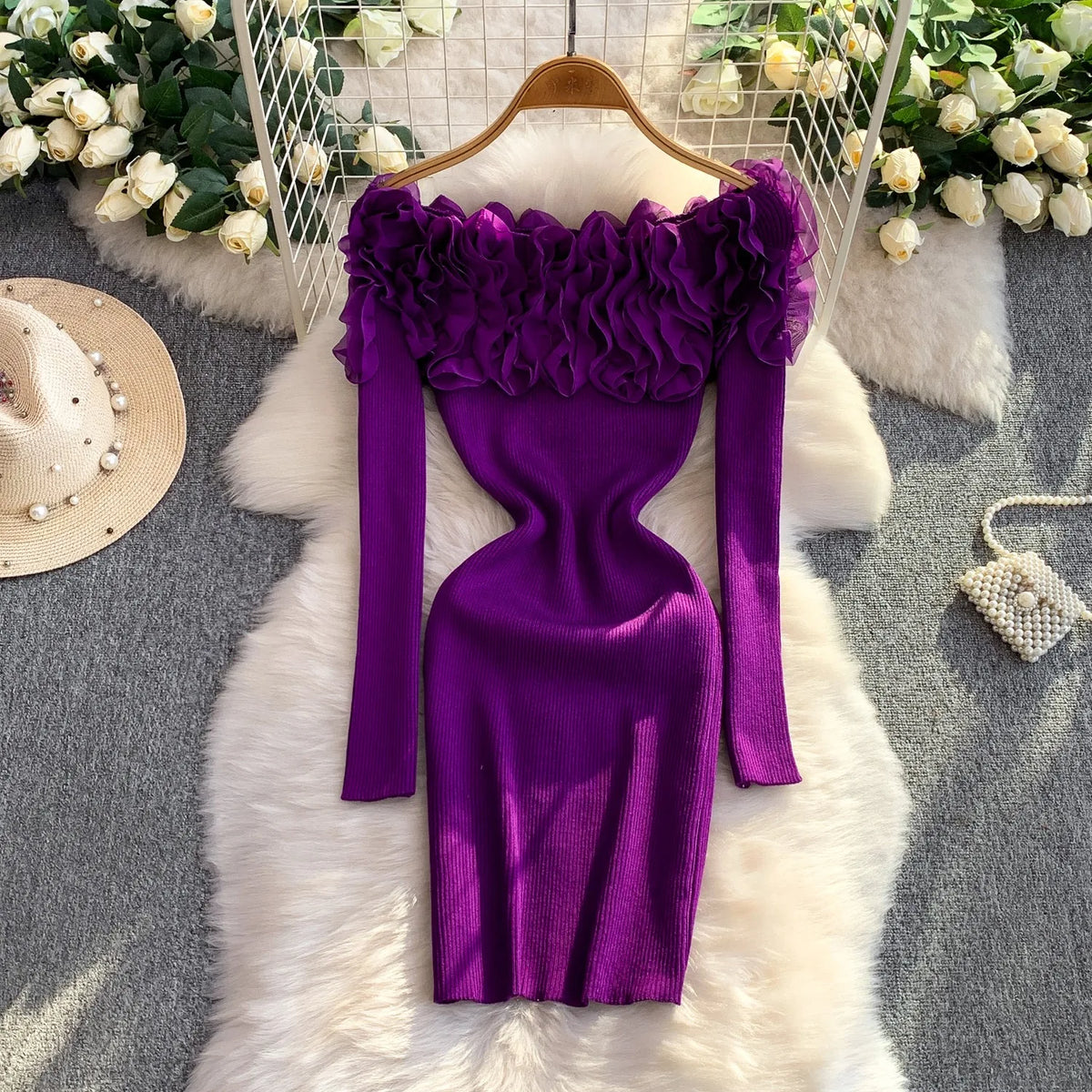 Off-Shoulder Ruffled Knit Mini Dress