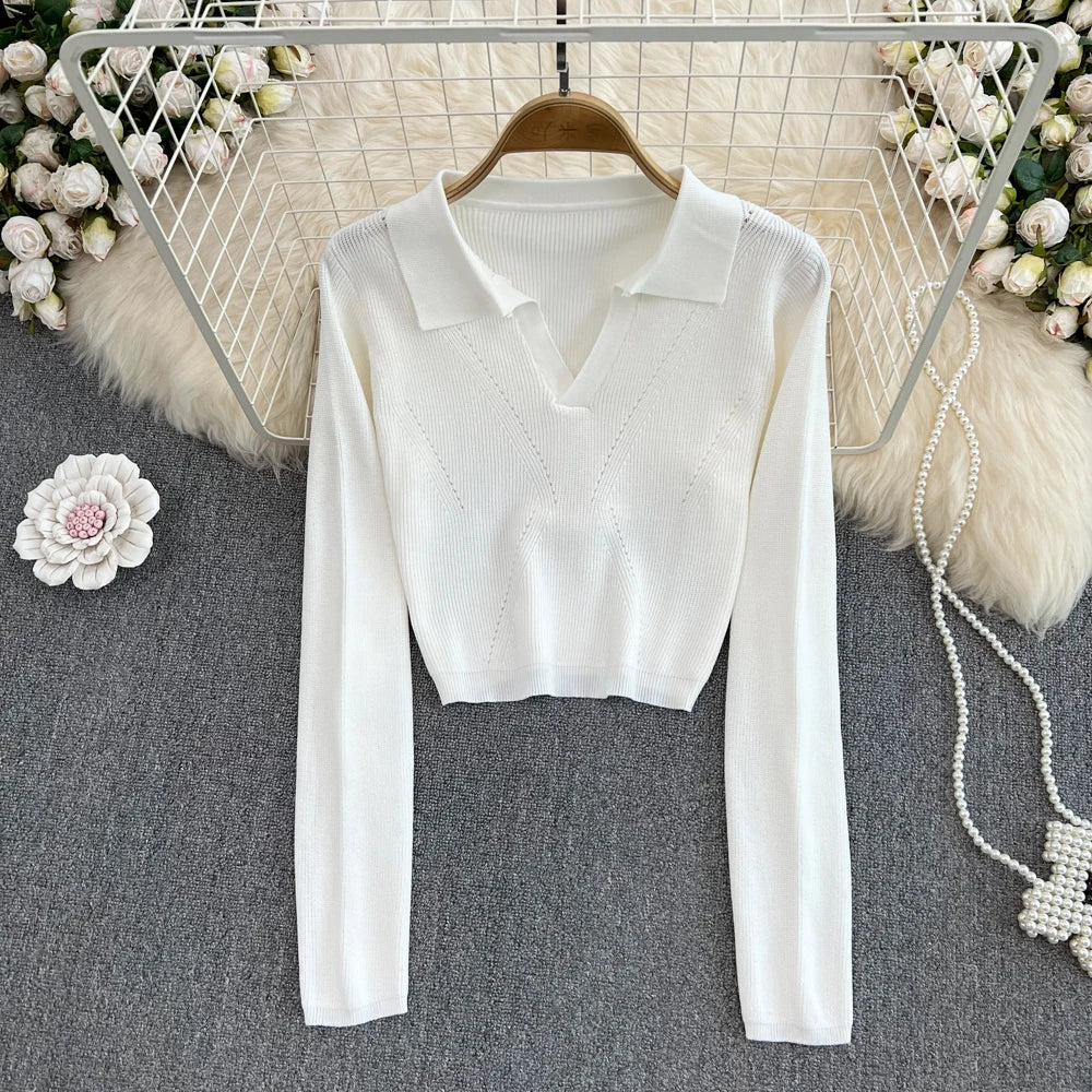 Collared Knit Long Sleeve Crop Top