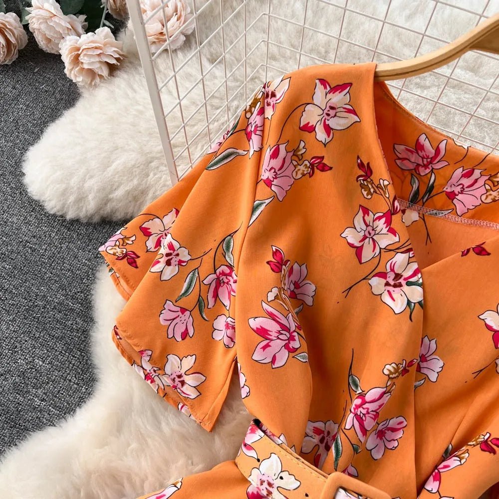 Orange Floral Belted A-Line Maxi Dress