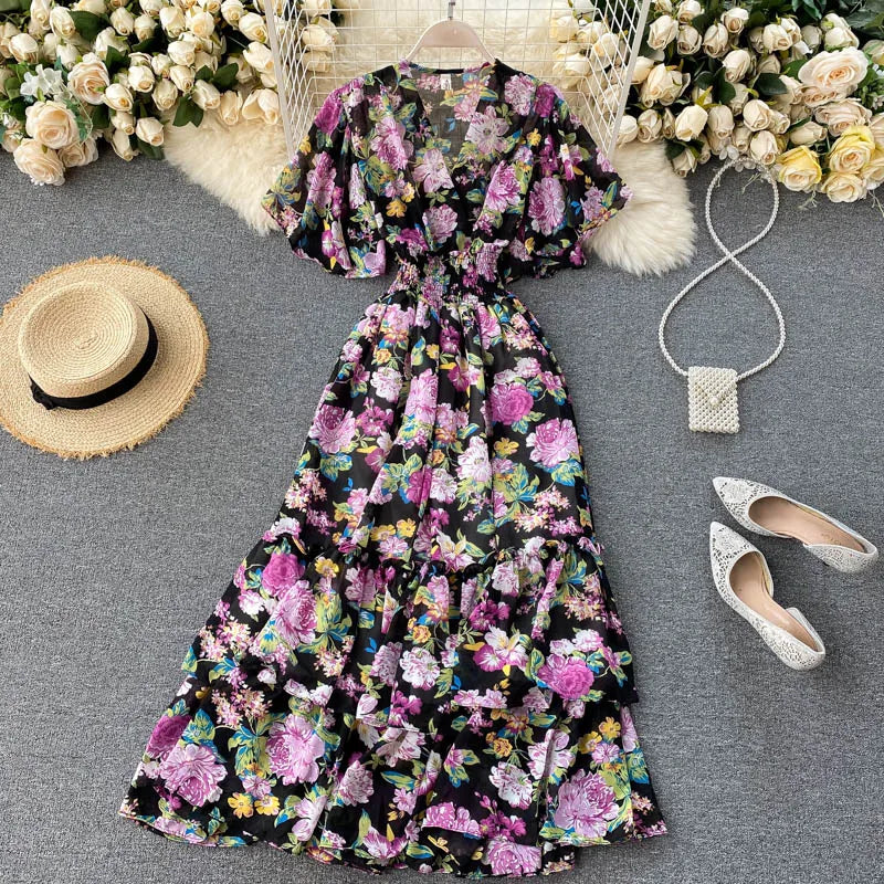 Print Ruffle Backless A-Line Dress