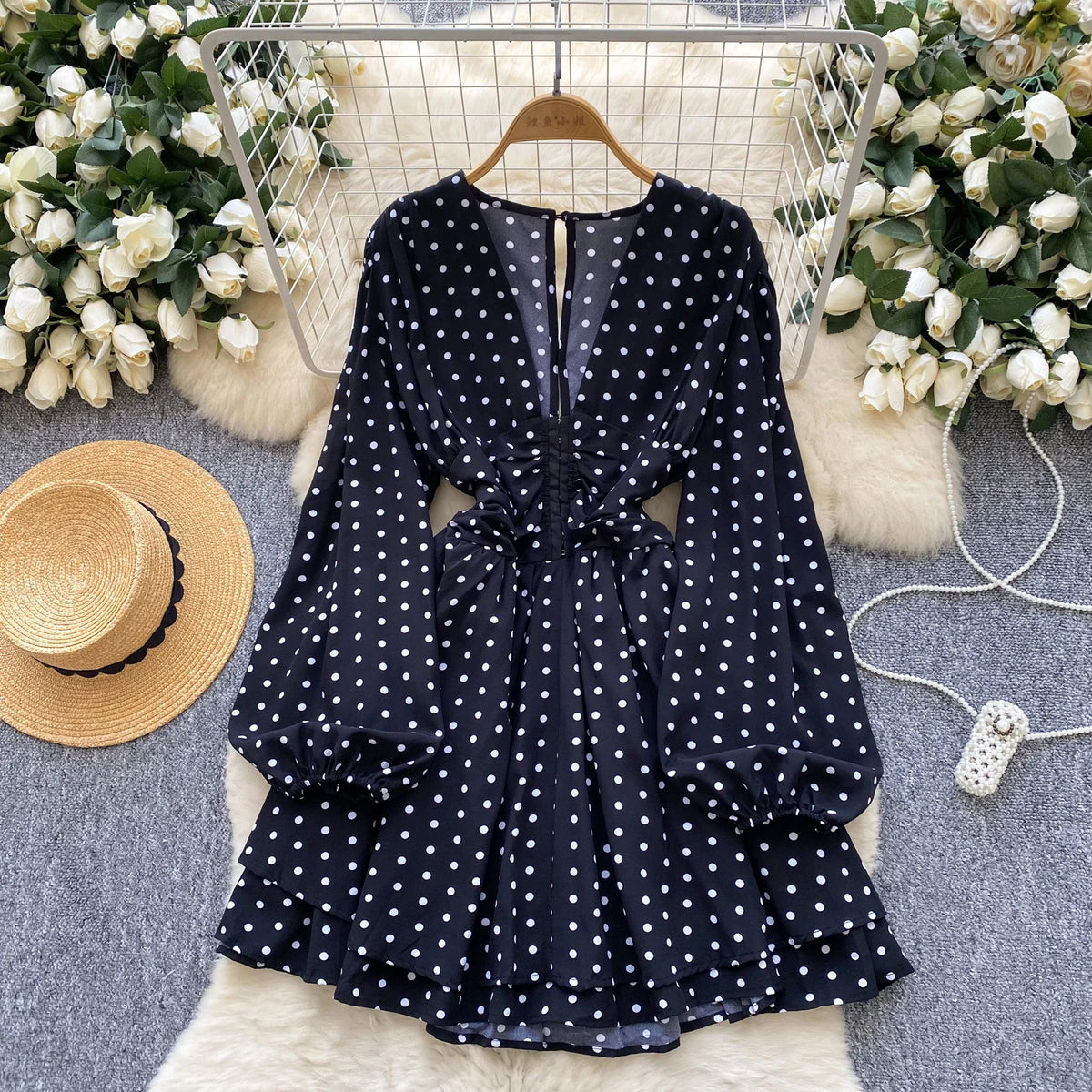 Polka Dot Lantern Sleeve Slim Dress