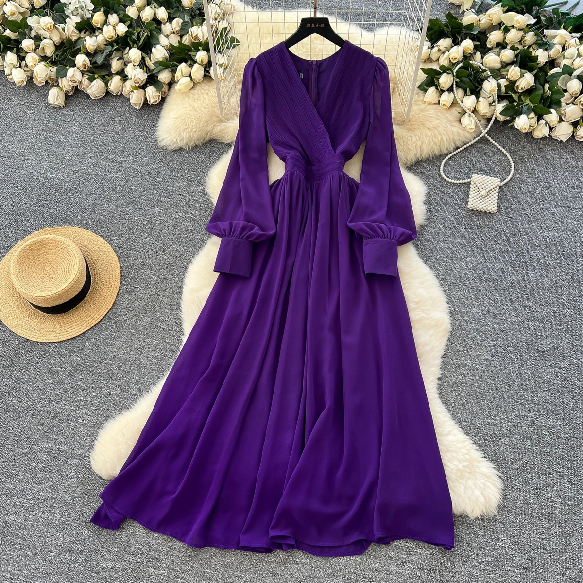 V-Neck Lantern Sleeve Long Dress