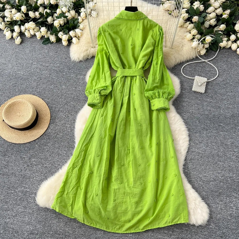 Embroidered Collared Lantern Sleeve Maxi Dress