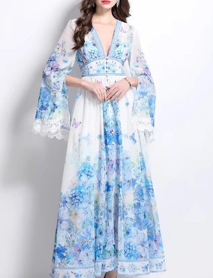 Print Deep V-Neck Flare Sleeve Long Dress