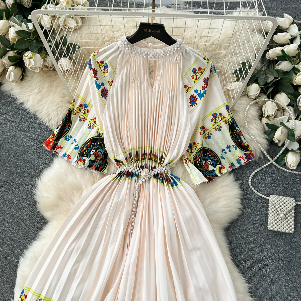 Beaded Print Pleated A-Line Dress