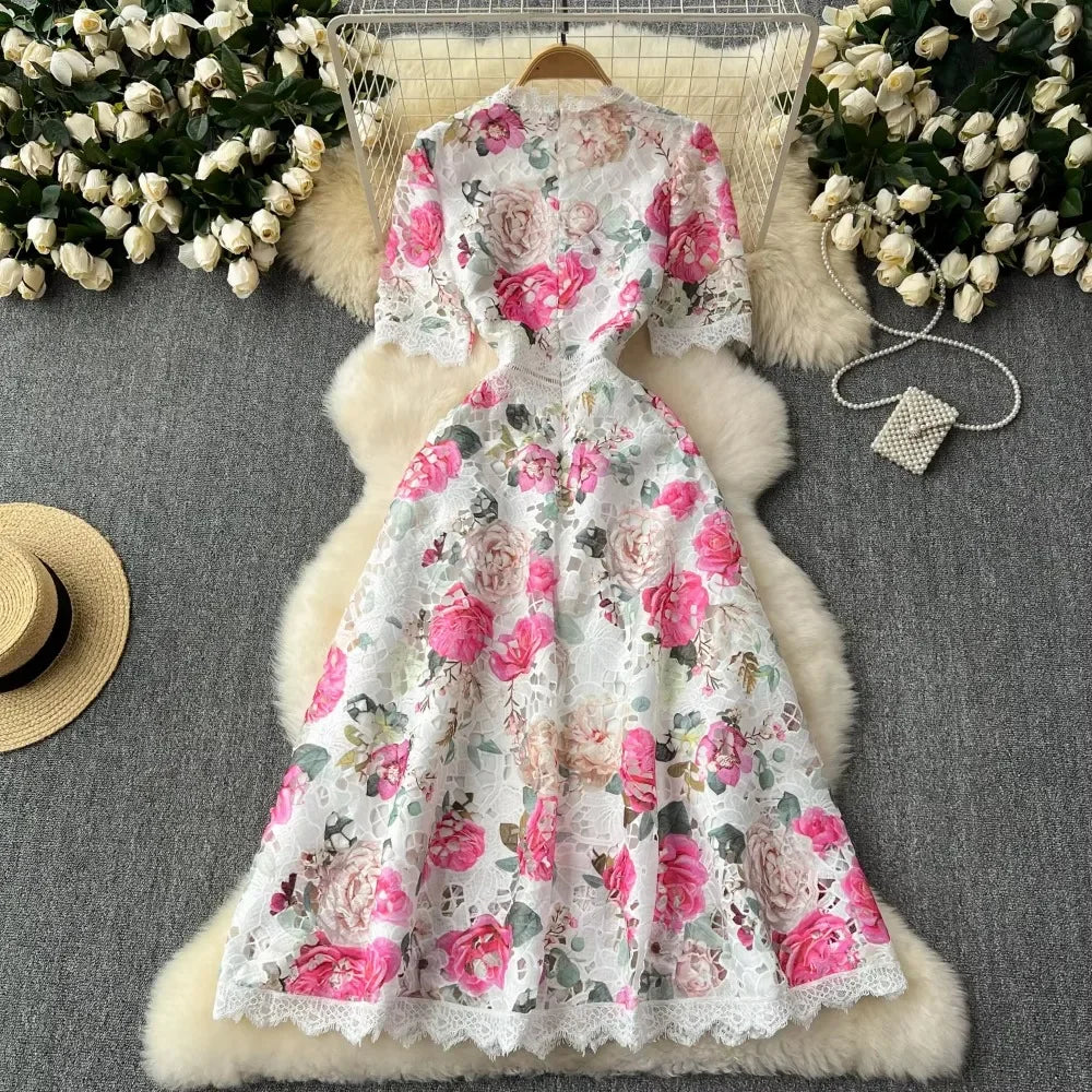 French Lace Patchwork Print Maxi Dress