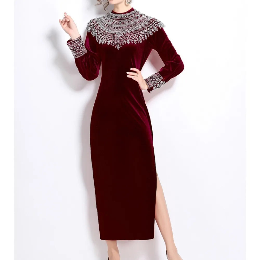 Embroidered Sequin Velour Split Dress