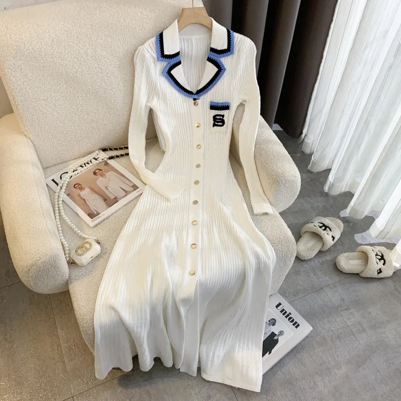 Notched Collar Long Sleeve Knit Maxi Dress