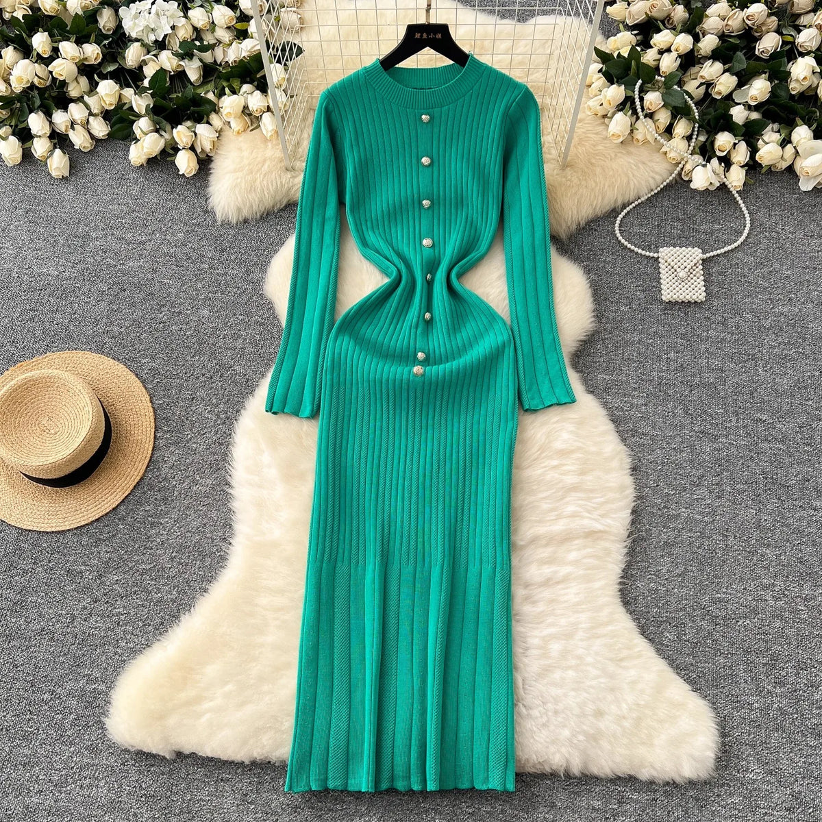 Crew Neck Ribbed Knit Bodycon Maxi Dress