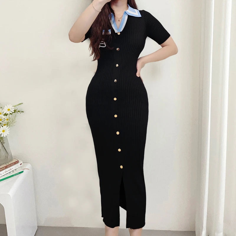Embroidered Button Wrap Bodycon Maxi Dress