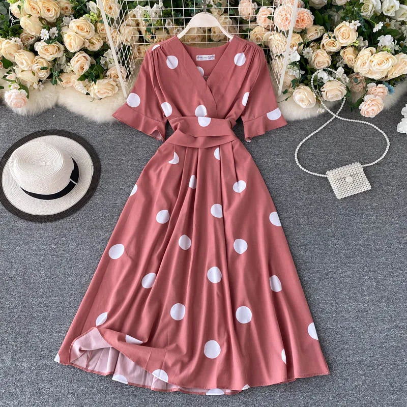 Polka Dot Tie Waist V-Neck Dress