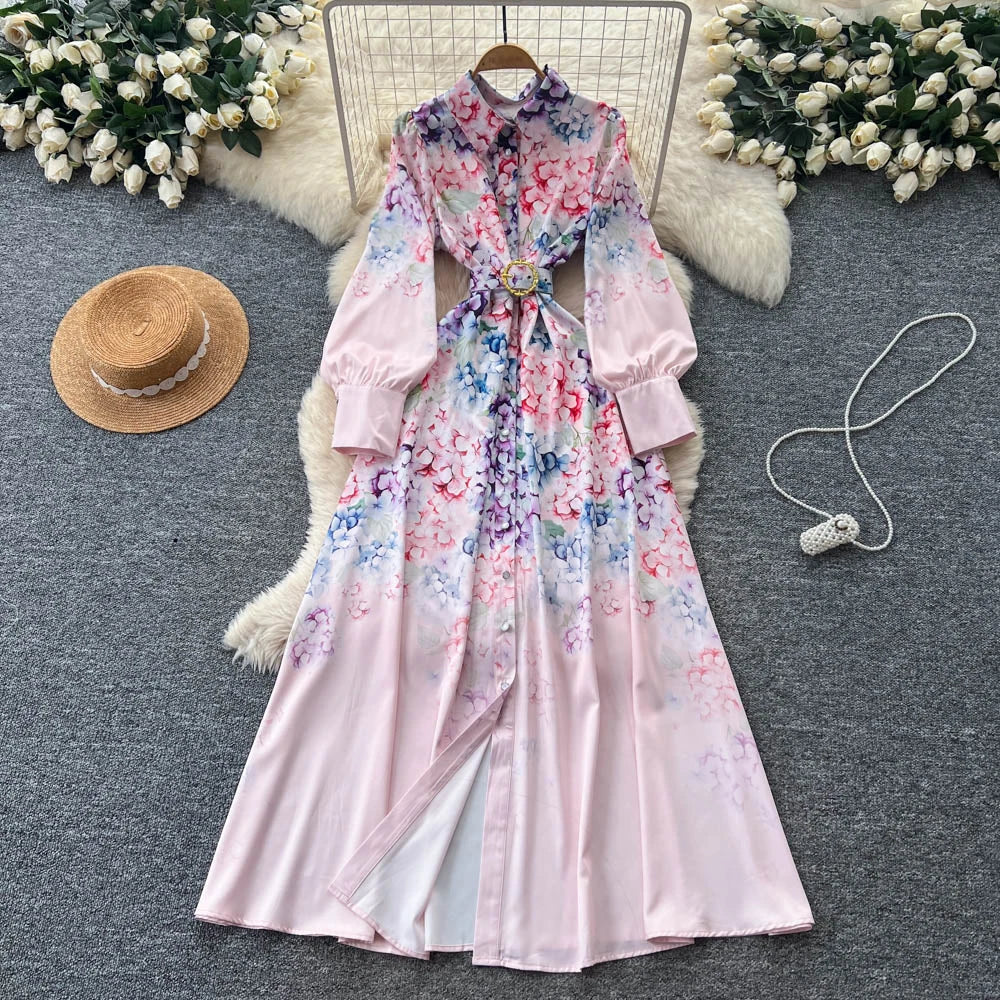 Single Breasted Sash Loose Long Sleeve Dress