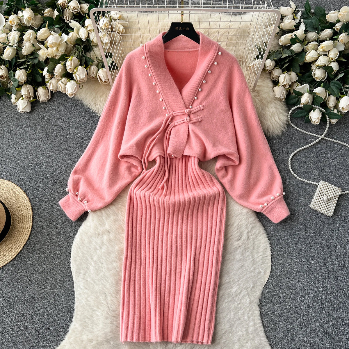 Long Sleeve Pencil Dress Two-Piece Set