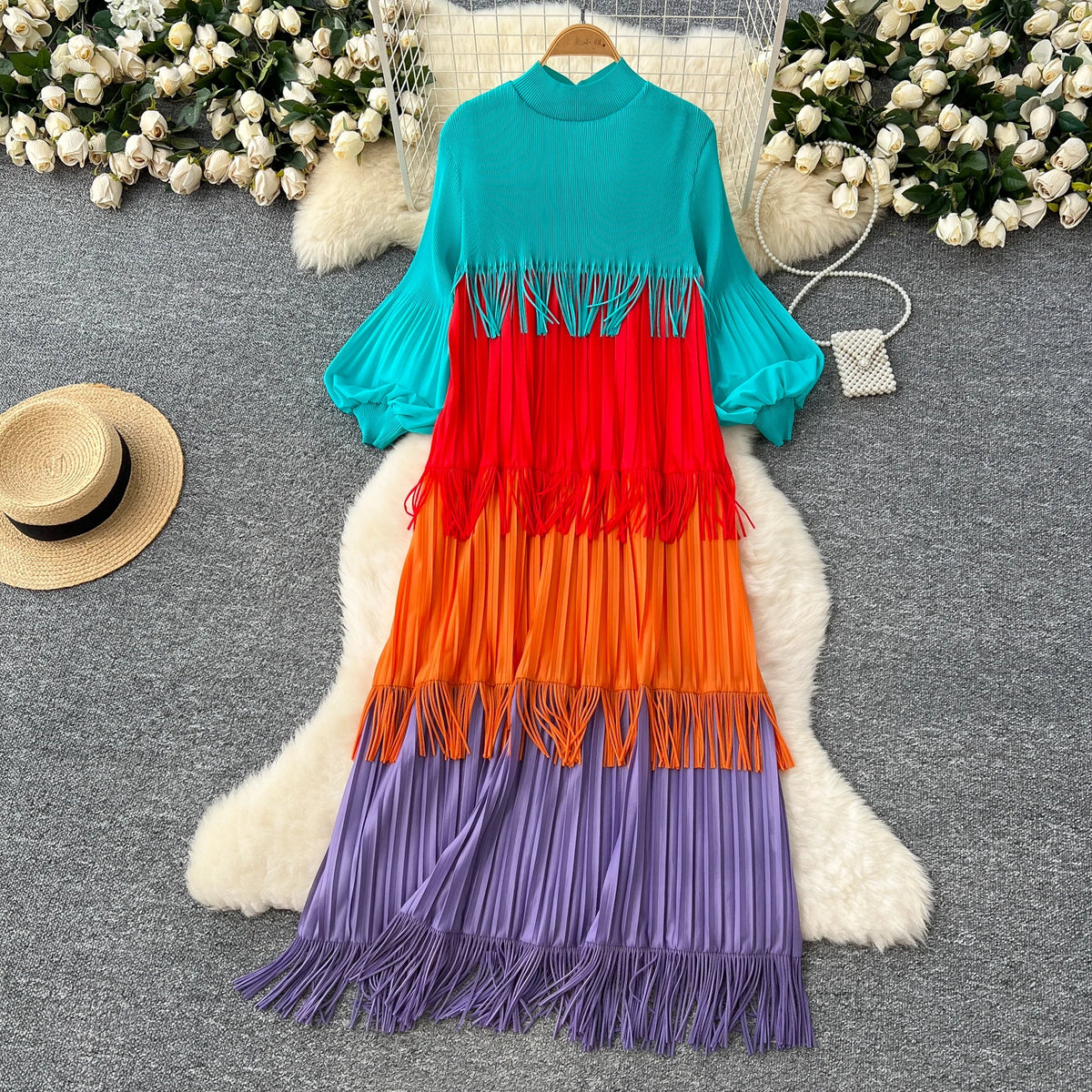 Tassel Patchwork Lantern Sleeve Dress