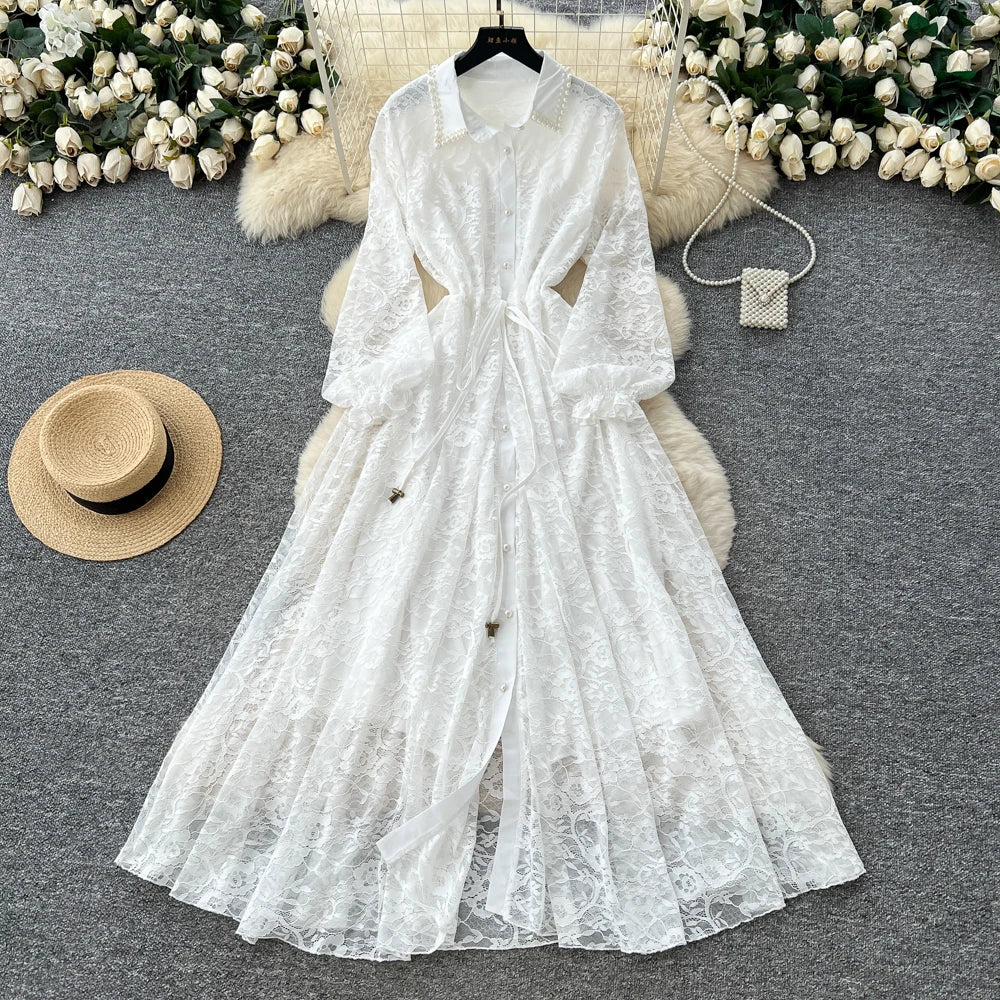 Beaded Collared Long Sleeve Dress