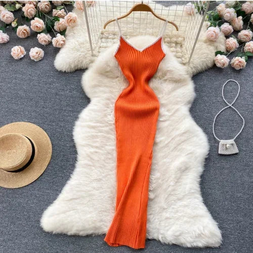 V-Neck Knit Midi Slip Dress