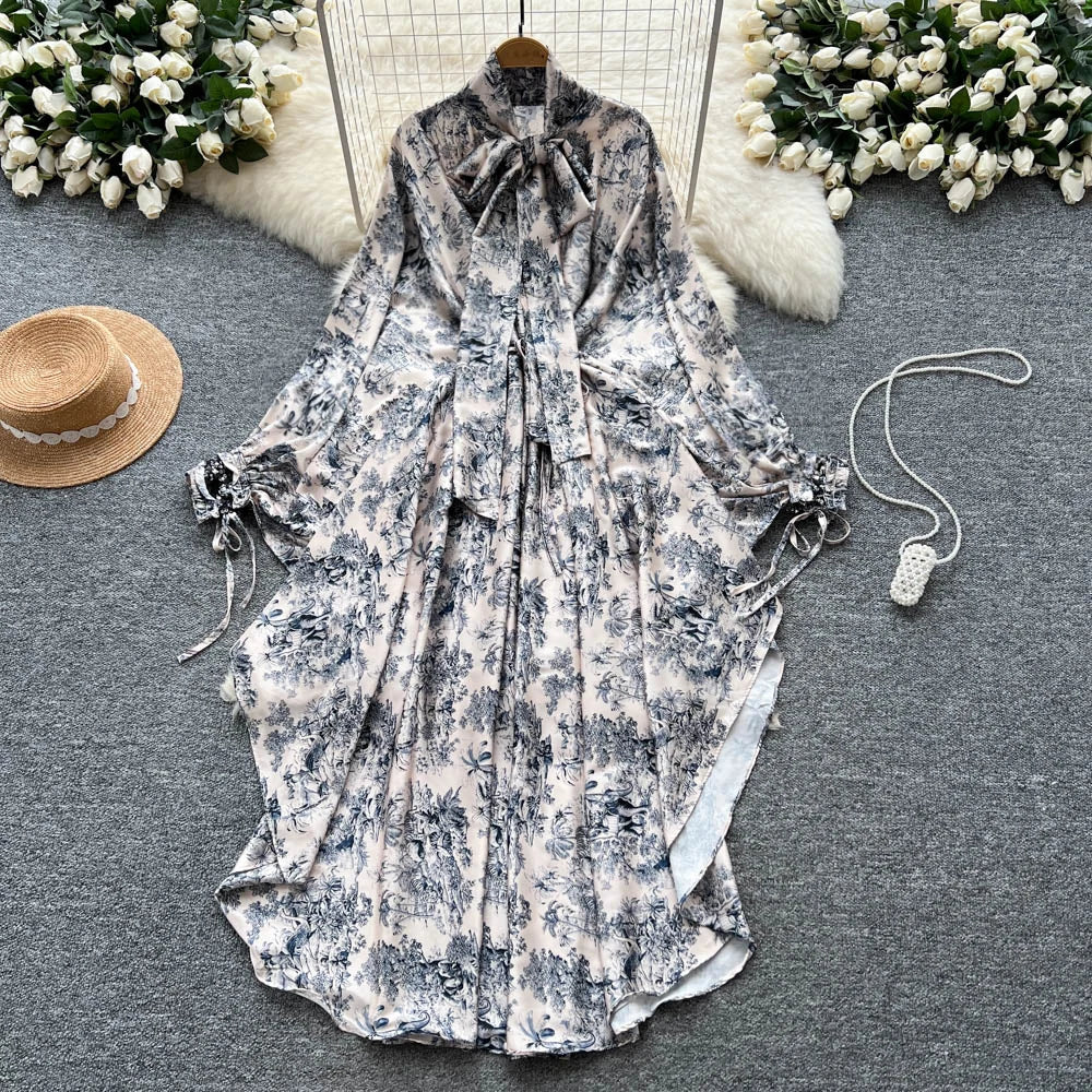Satin Asymmetrical Long Sleeve Maxi Dress