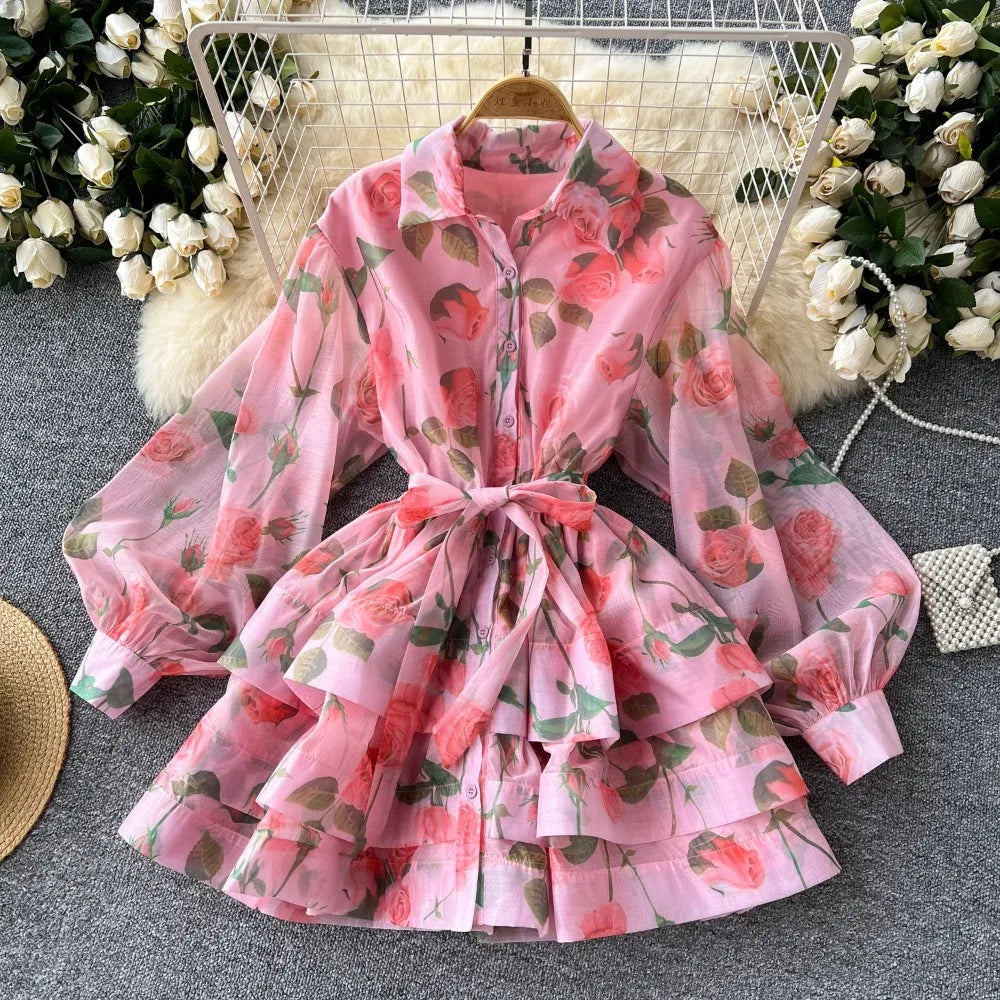 Polo Neck Print Lantern Sleeve A-Line Dress