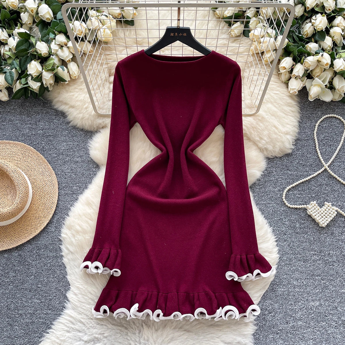 Ruffled Knit Bodycon Mini Dress