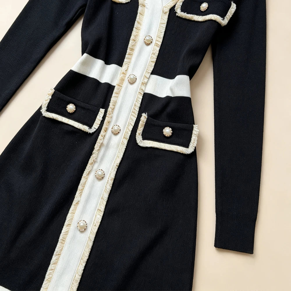Black And White Slim Waist Knit Mini Dress