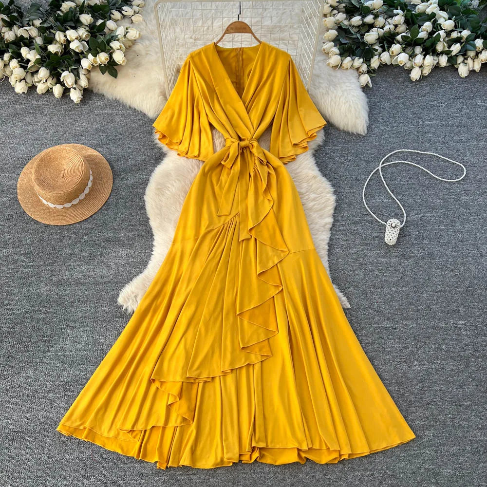 Asymmetrical V-Neck Slim Dress