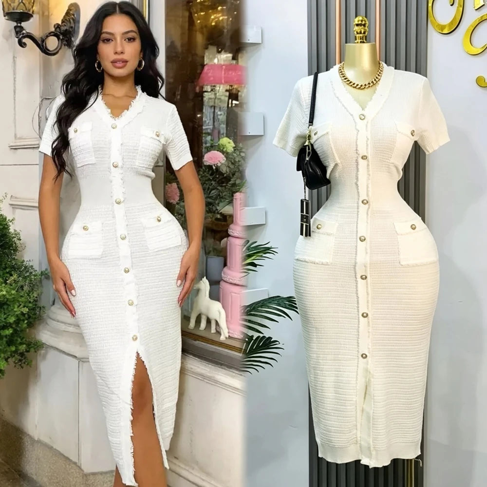 V-Neck Knit Office Bodycon Dress
