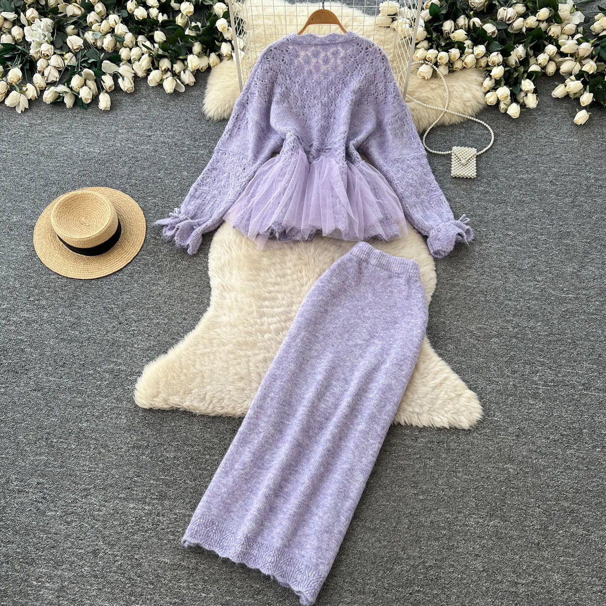 Beaded Knit Cardigan and Mesh Pencil Skirt Set