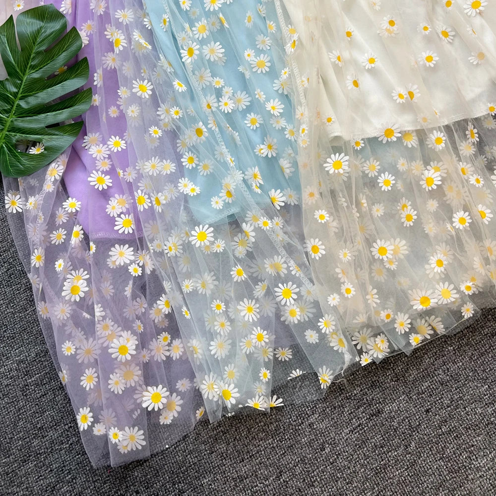 Daisy Print Layered Mesh Maxi Dress