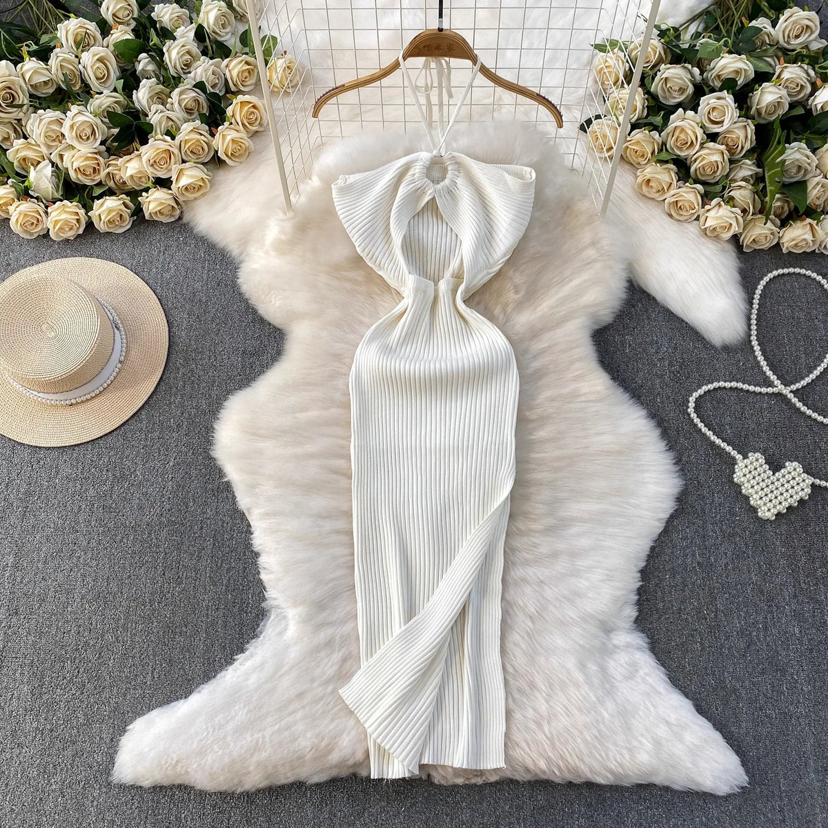 Halter Split Knit Bodycon Maxi Dress