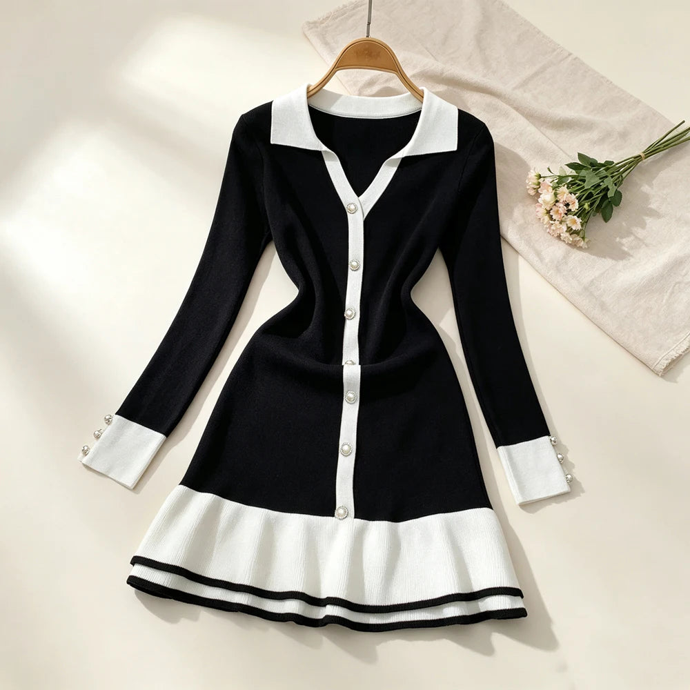 Black And White Patchwork Knit Mini Shirt Dress