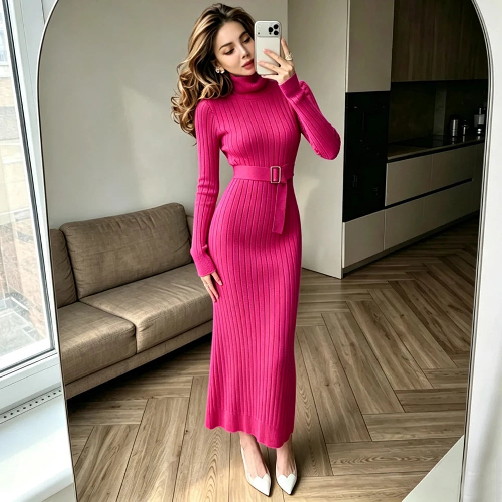 Belted Turtleneck Long Sleeve Maxi Sweater Dress