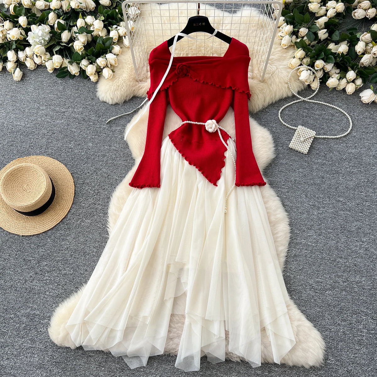 3D Floral Knit and Mesh Asymmetric Dress