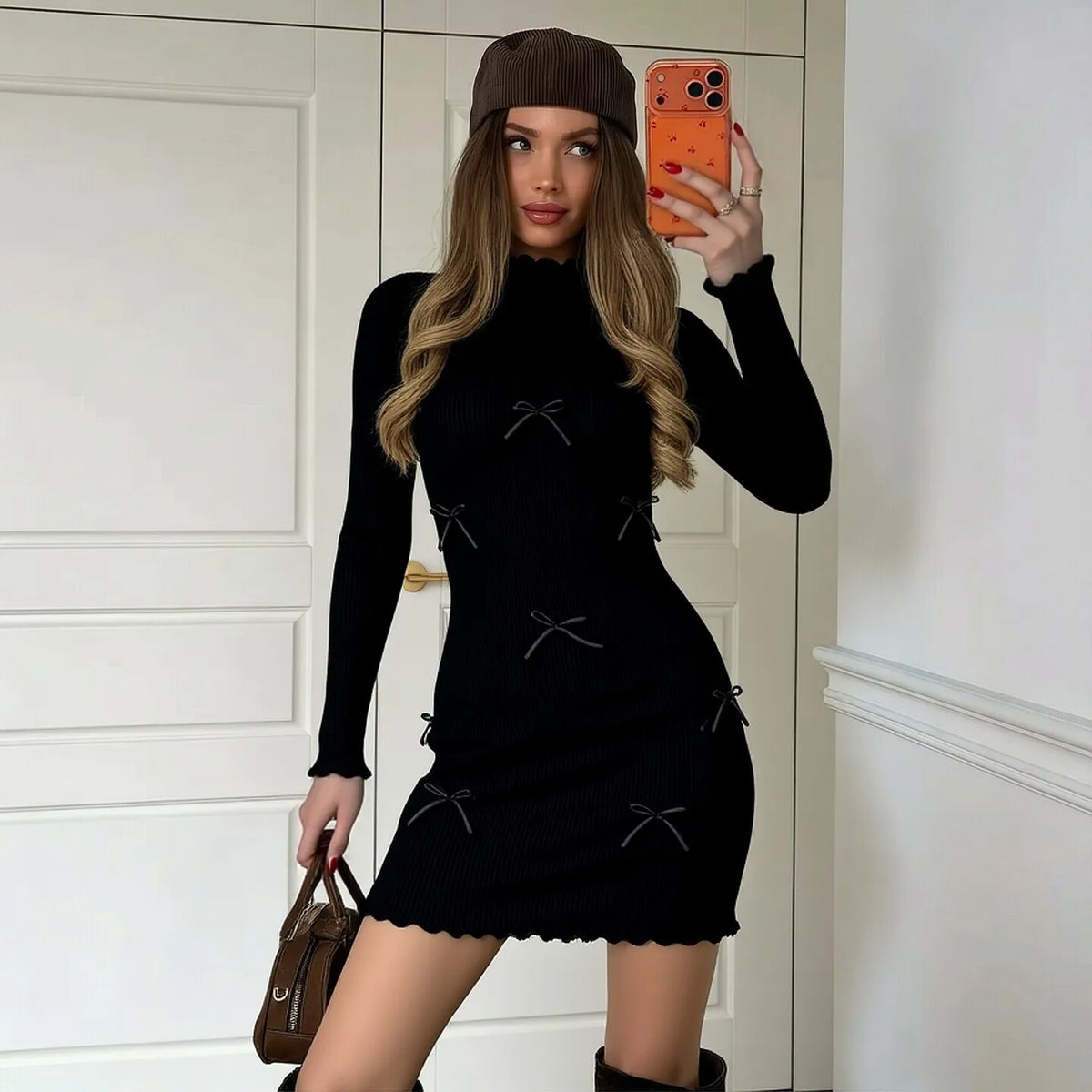 Bow Detail Knit Bodycon Mini Dress