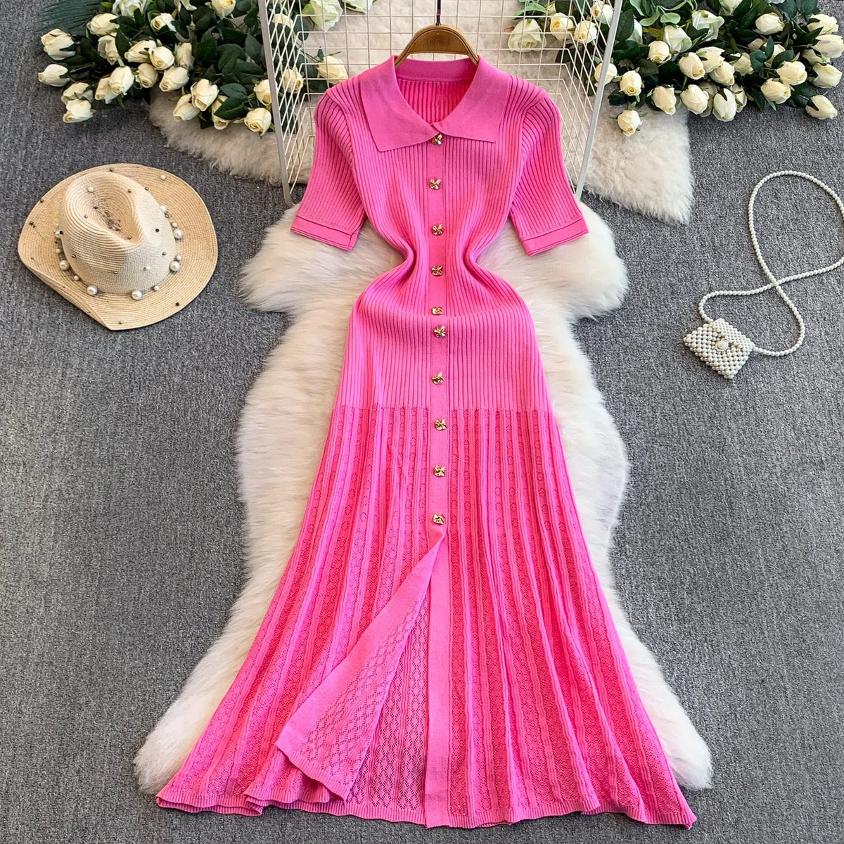 Turn-Down Collar Knit Maxi Office Dress
