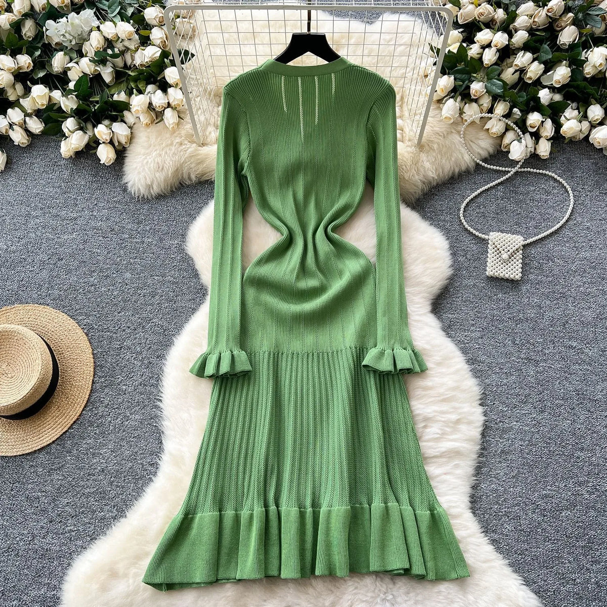 Ruffled Button Knit A-Line Maxi Dress