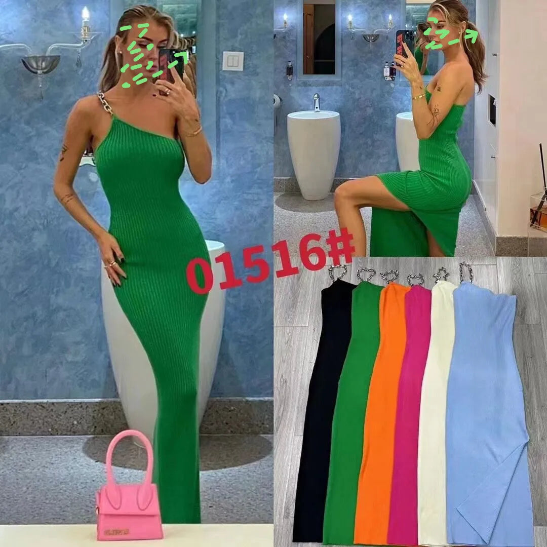 Chain One-Shoulder Split Knit Maxi Dress