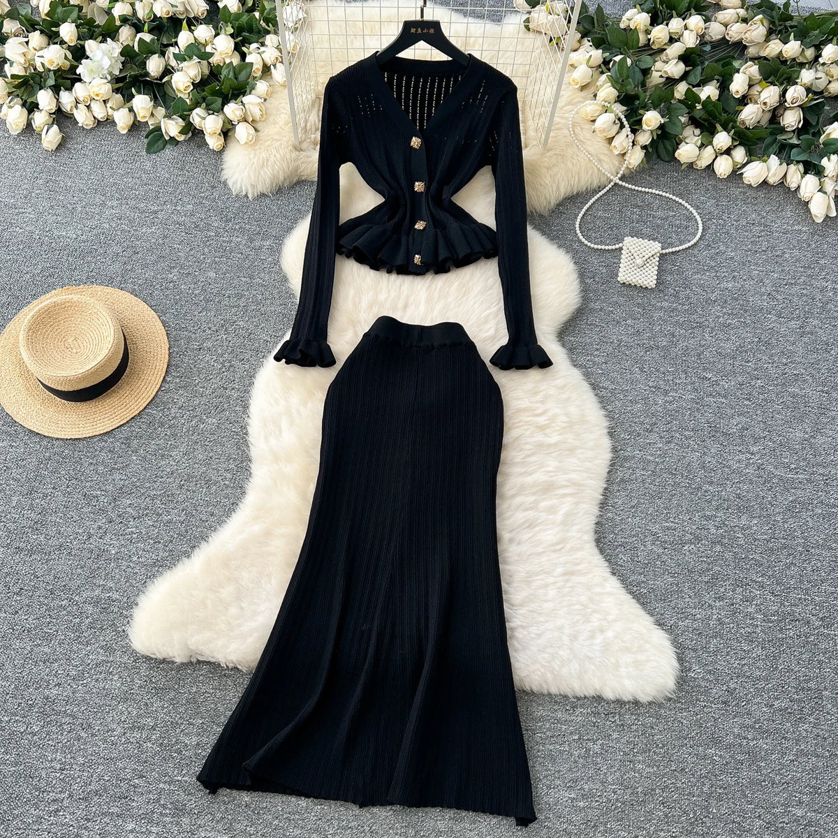 Ruffle Knit Cardigan and Skirt Set