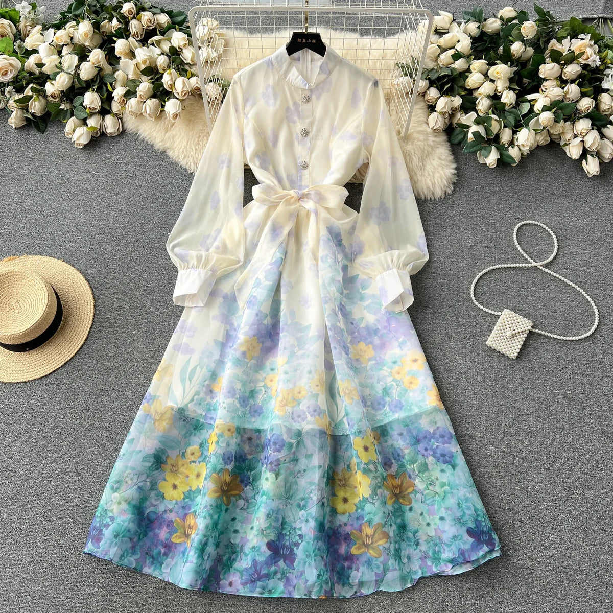 Stand Collar Print Chiffon Long Dress