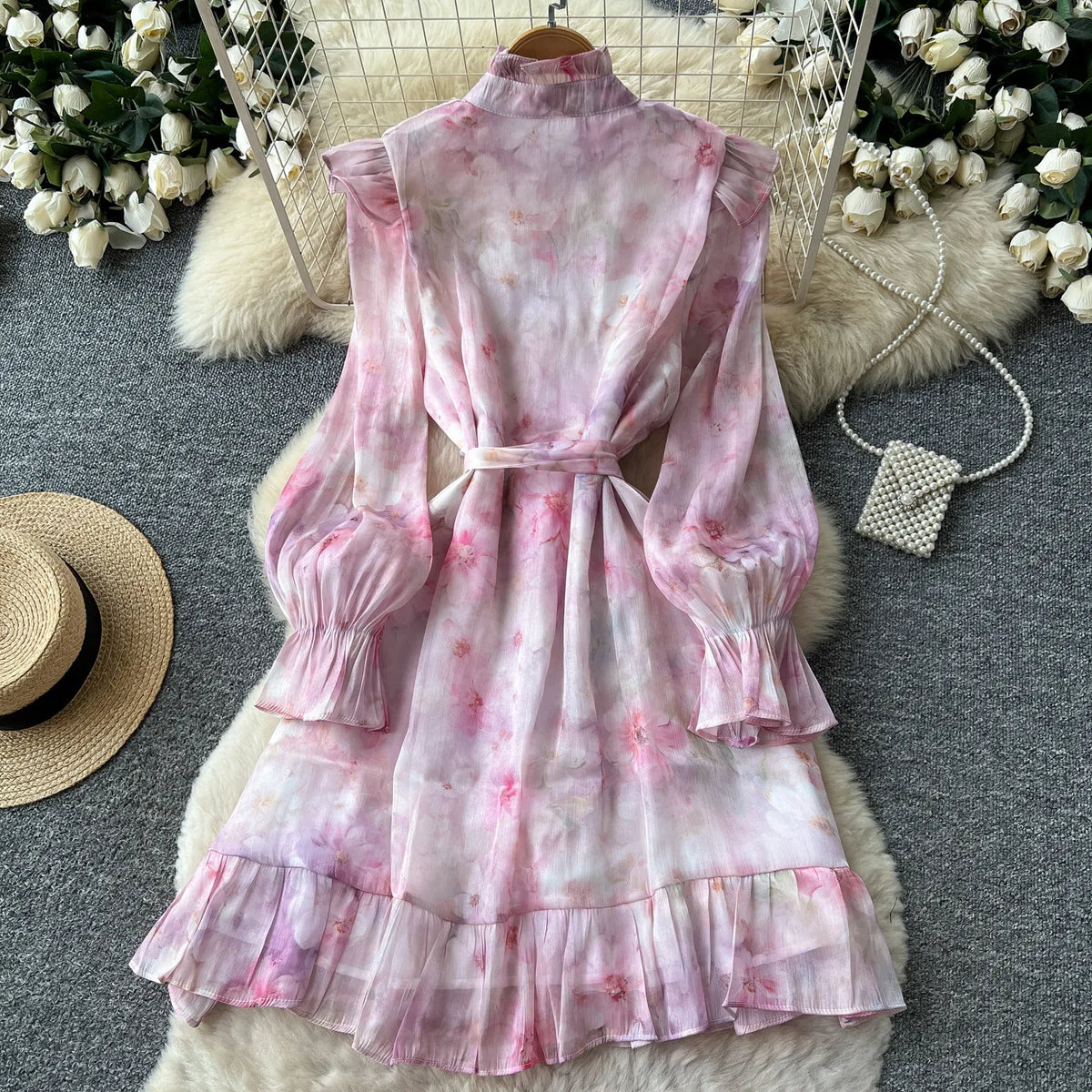 Ruffle Tie Waist Long Sleeve Dress