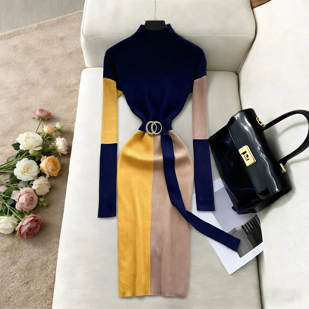 Belted Patchwork Knit Maxi Dress