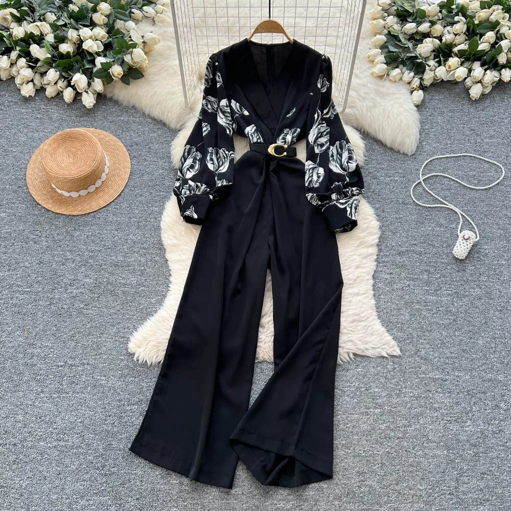 Print V-Neck Belted Wide Leg Jumpsuit