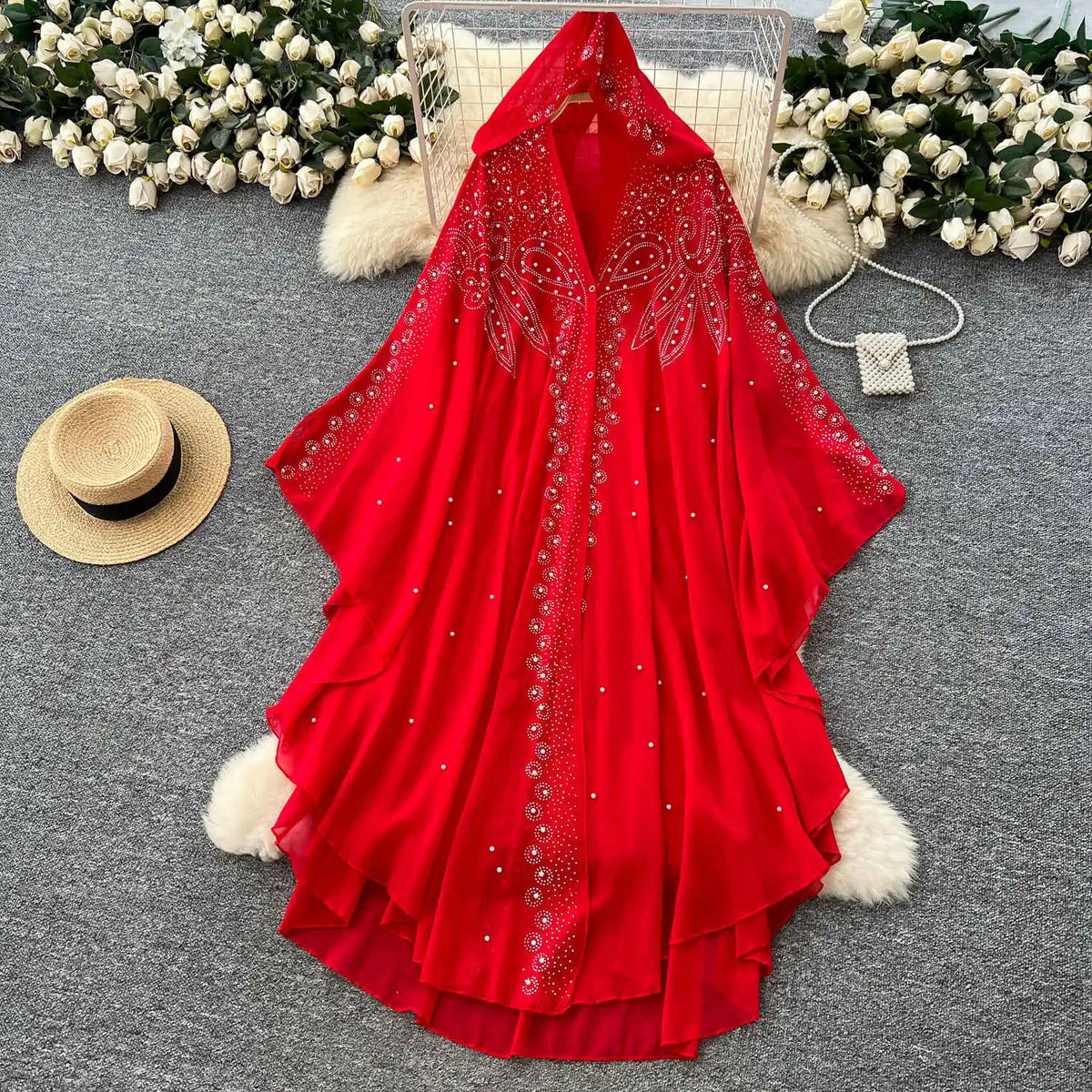 Beaded Sheer Mesh Hooded Cover-Up