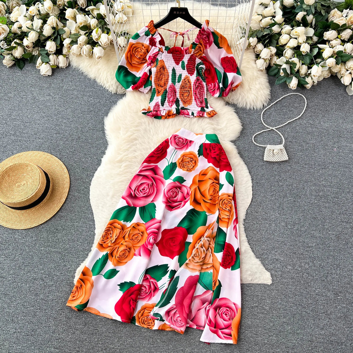 Floral Crop Top And Split Skirt Set